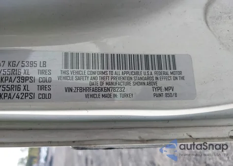 2019 Ram Promaster City Tradesman from USA, damaged, VIN ZFBHRFAB6K6N78232